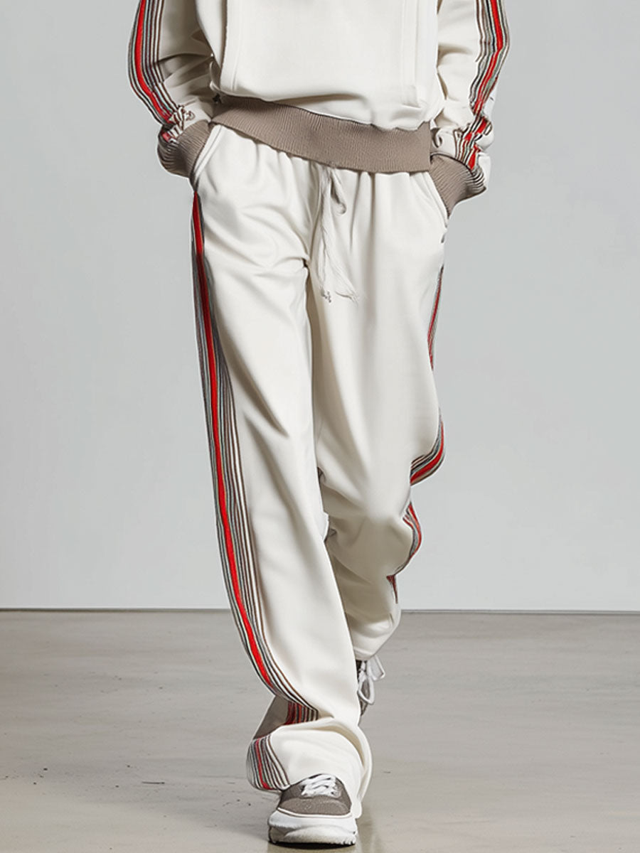 Casual Retro Striped Trim White Knitted Pullover Wide-Leg Pants Sports Set