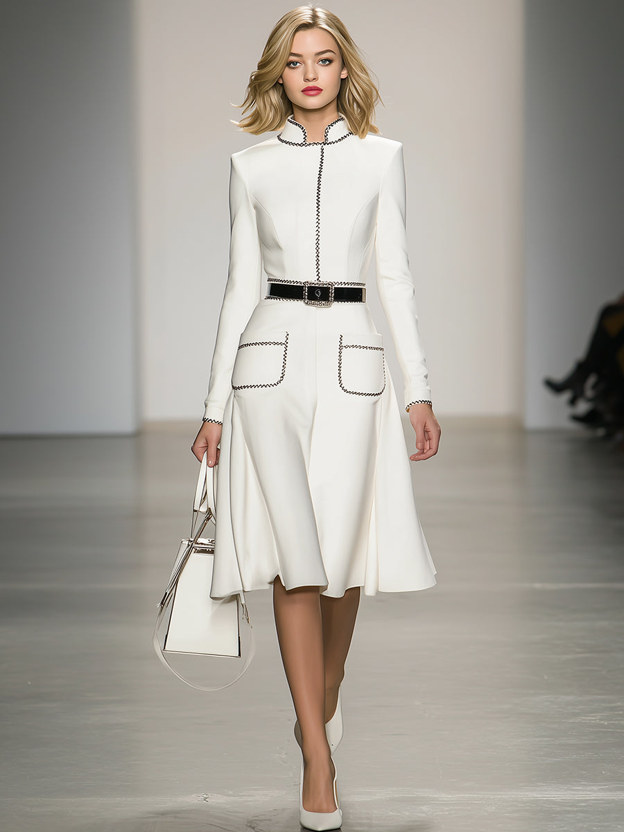 Elegant And Fashionable Stand-up Collar Black Stitching White Midi Dress