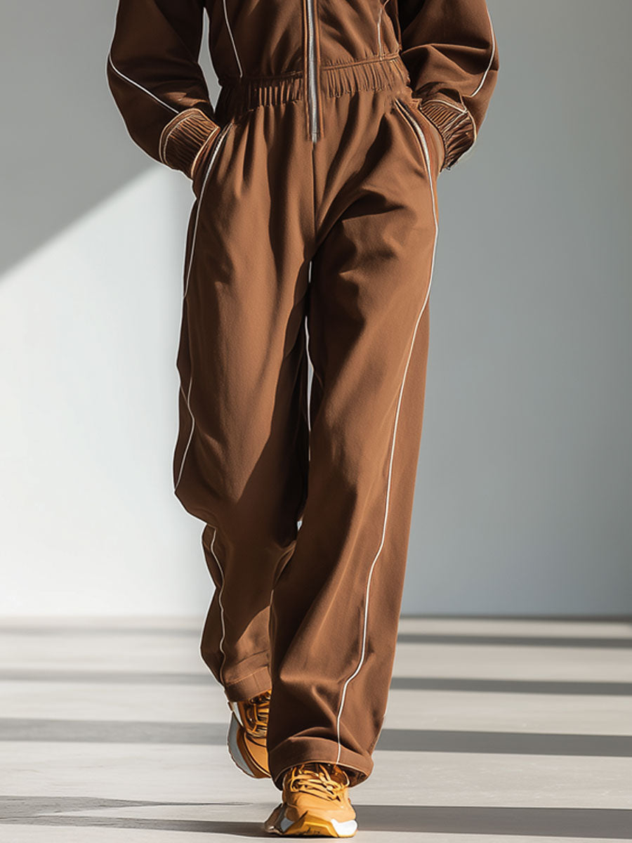 Casual Retro White Trim Cocoa Brown Zipper Long-Sleeved Sports Jumpsuit