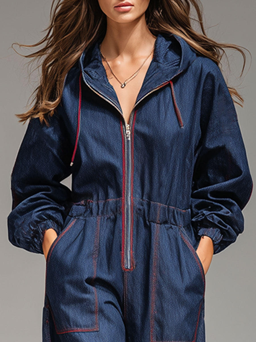 Casual Loose Retro Dark Blue Denim Topstitched Hooded Sports Jumpsuit