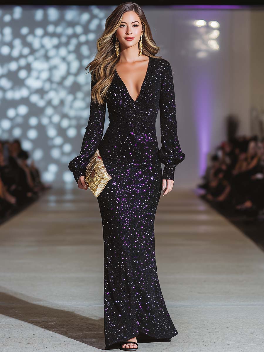 Elegant And Eye-catching V-neck Long-sleeved Purple Sequins Black Slit Maxi Dress