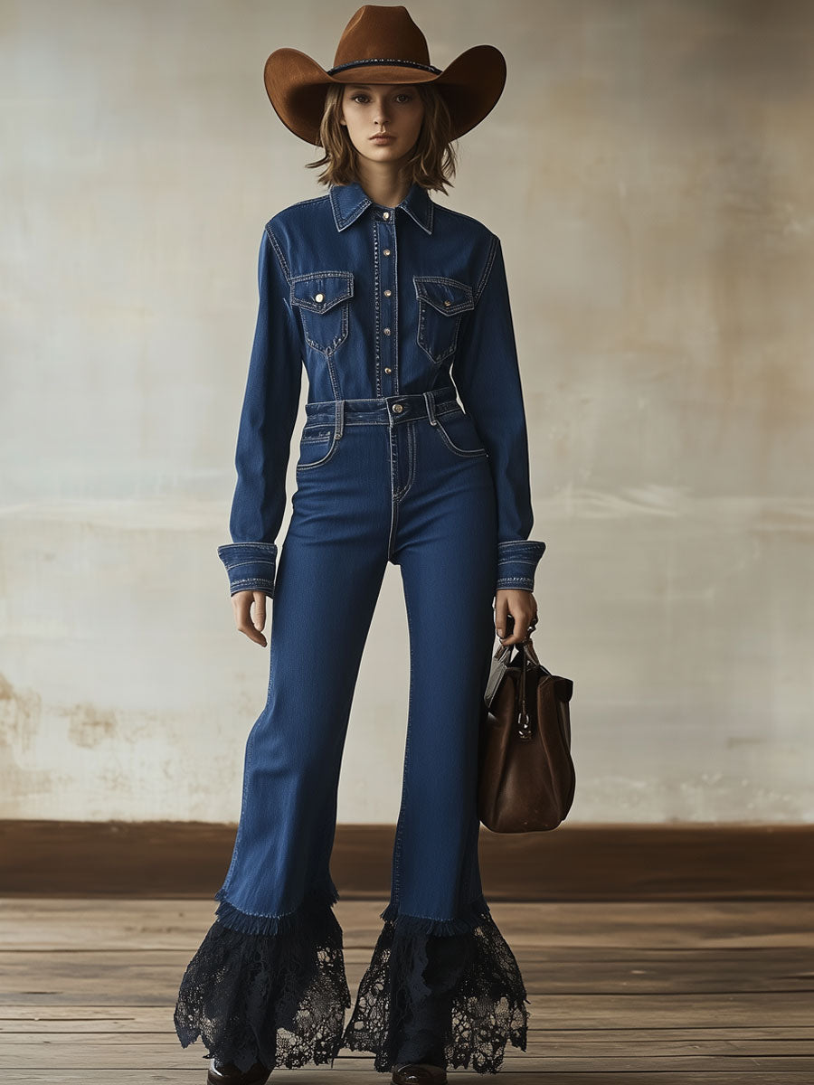 Casual Retro Dark Blue Denim Raw Edge Lace Long-Sleeved Jumpsuit