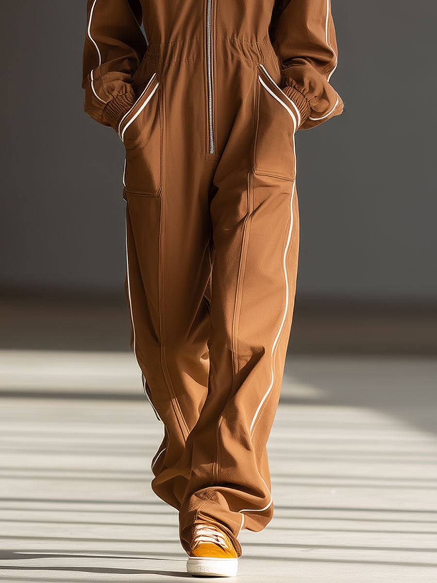 Casual Retro White Trim Caramel Cotton Long-Sleeved Wide-Leg Work Jumpsuit