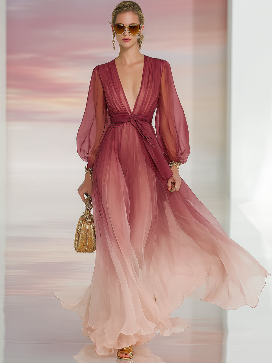 Elegant And Flowing Red Beige Gradient V-neck Chiffon Long-sleeved Maxi Dress
