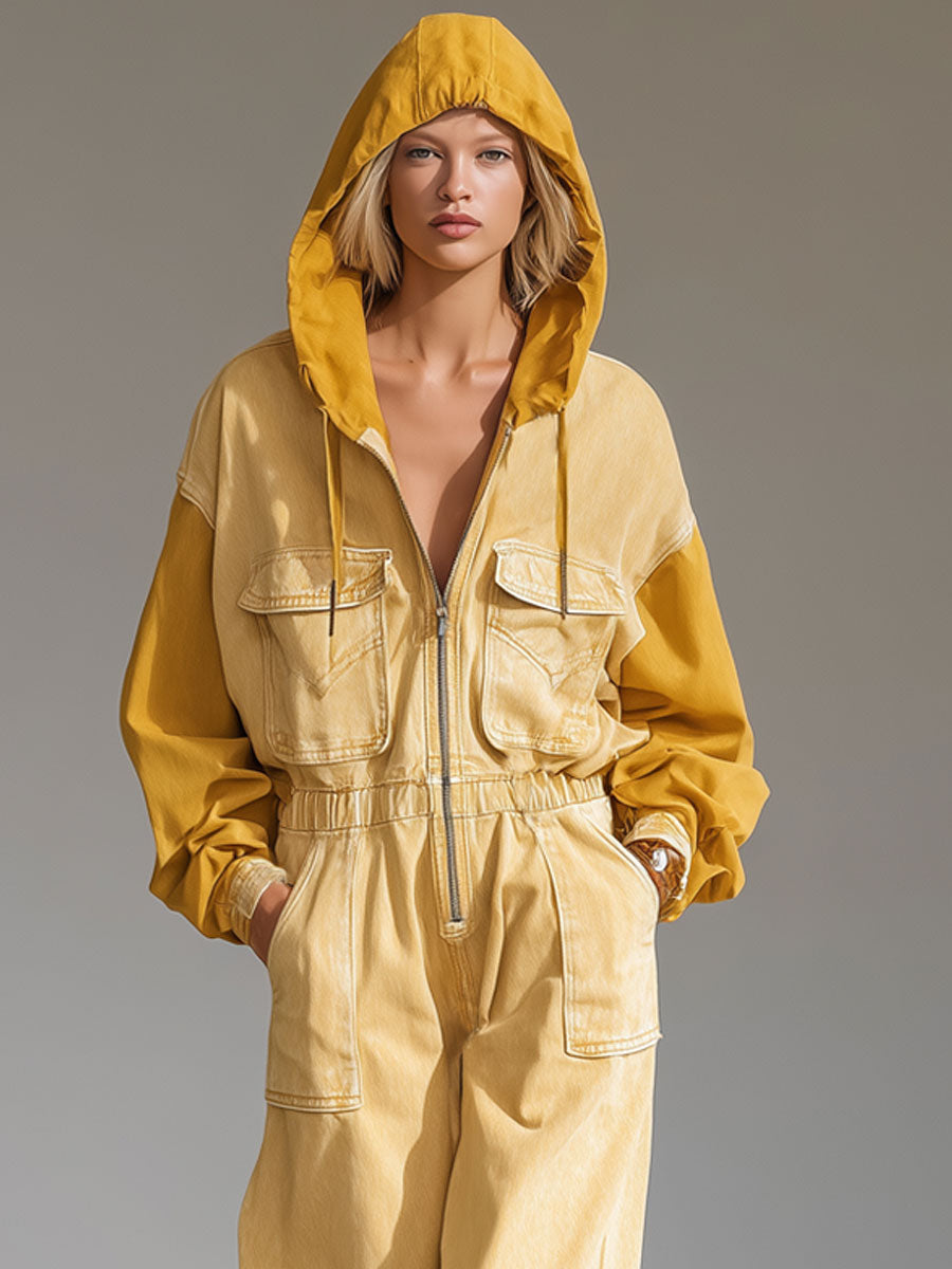 Casual Retro Yellow Denim Hooded Colorblock Long-Sleeved Jumpsuit