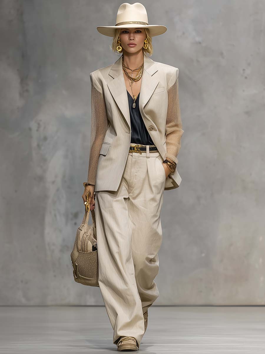 Exquisito traje beige informal de manga larga con solapa con muesca y un solo botón de malla