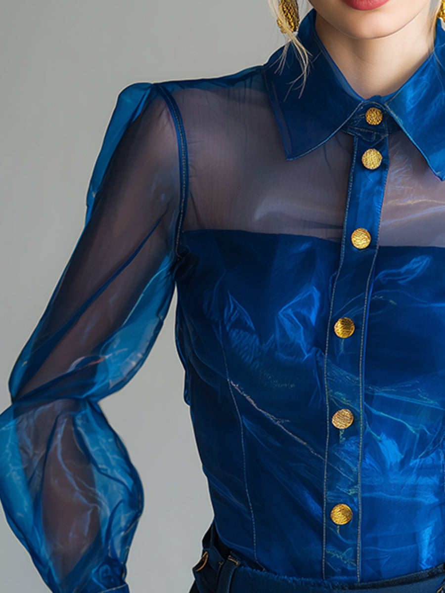 Elegant Royal Blue Organza Lapel Button-Down Long Sleeve Shirt