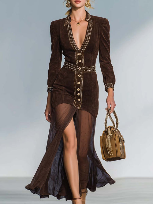 Exquisite And Elegant Western Contrast Color V-neck Mesh Slit Hem Brown Suede Maxi Dress