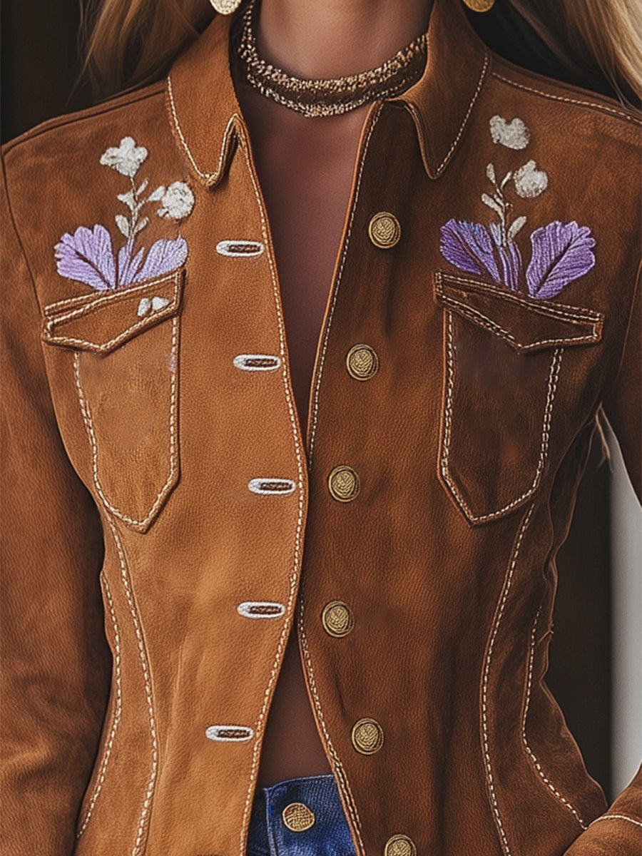 Designer Brown Suede Button Pocket Embroidered Jacket