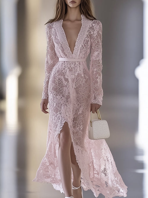 Designer Pink Lace V-neck Slit Maxi Dress