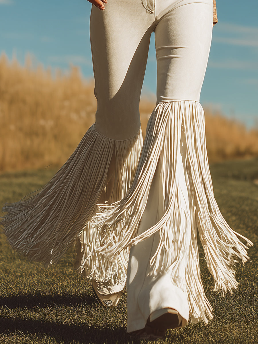Chic Western Style Tassel Hem Off-White Suede Flared Pants