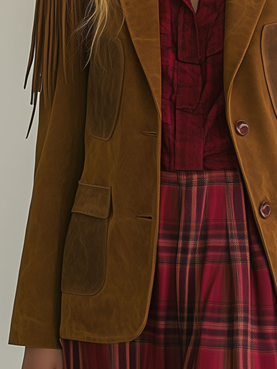 Blazer con borlas de ante camel estilo vintage estilo western