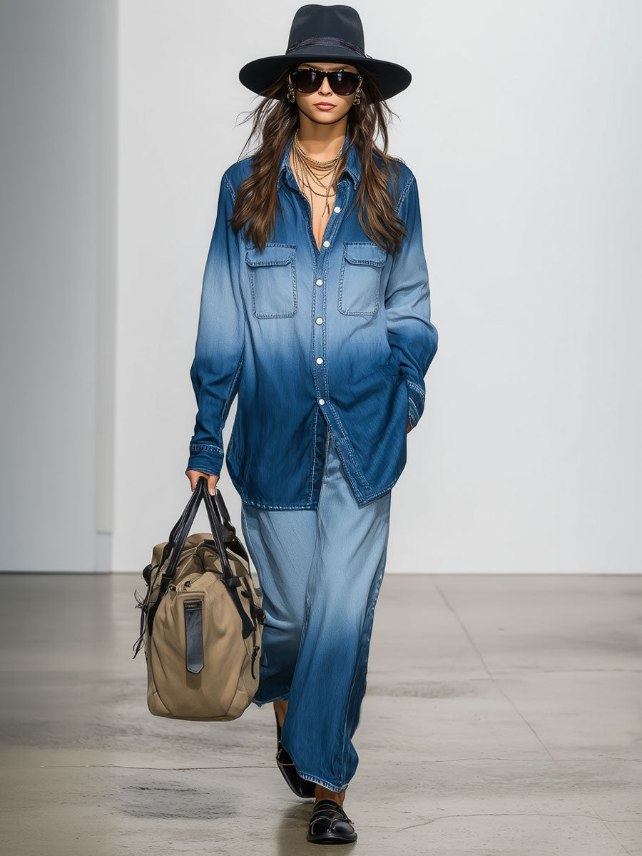 Casual Retro Gradient Blue Denim Long-Sleeved Shirt