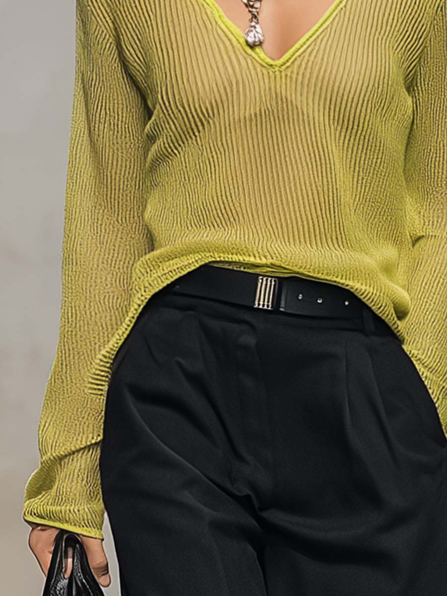 Blusa de punto verde limón de manga larga, cuello en V, transpirable e informal.