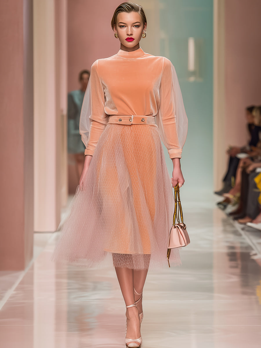 Elegant And Exquisite Orange Velvet Splicing Tulle Long-sleeved Midi Dress