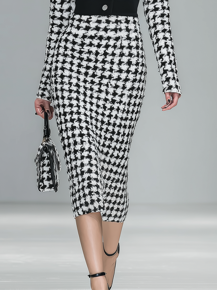 Classic Retro Houndstooth Lapel Long Sleeve Knitted Midi Dress
