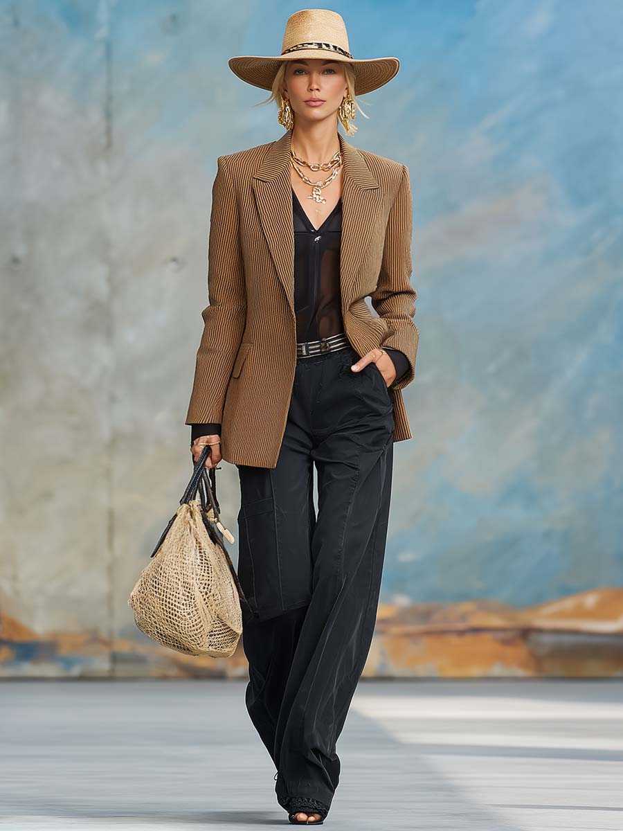 Casual And Fashionable Peak Lapel Single Button Brown Corduroy X-shaped Blazer