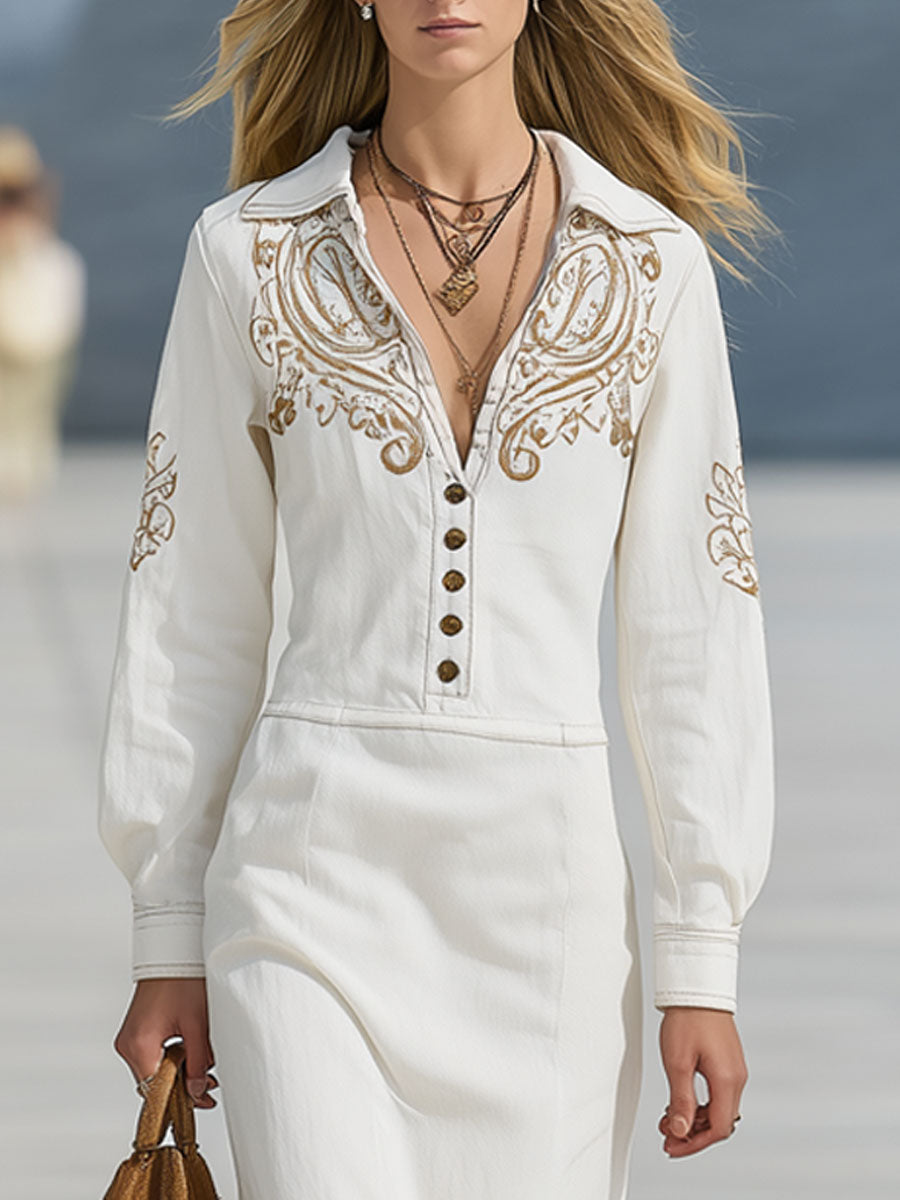 Casual Vintage Paisley Embroidered White Cotton Long-Sleeved Midi Dress
