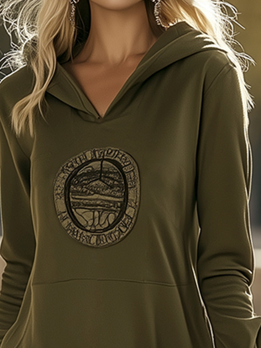 Casual Loose Olive Green Hooded Sweatshirt Printed Long Sleeve Midi Dress