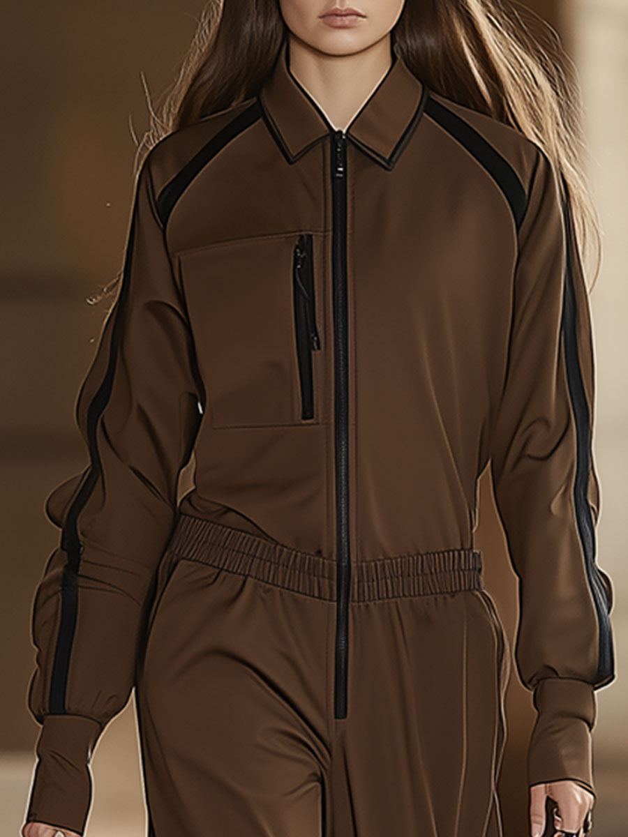 Casual Retro Black Trim Cocoa Brown Elastic Waist Jumpsuit