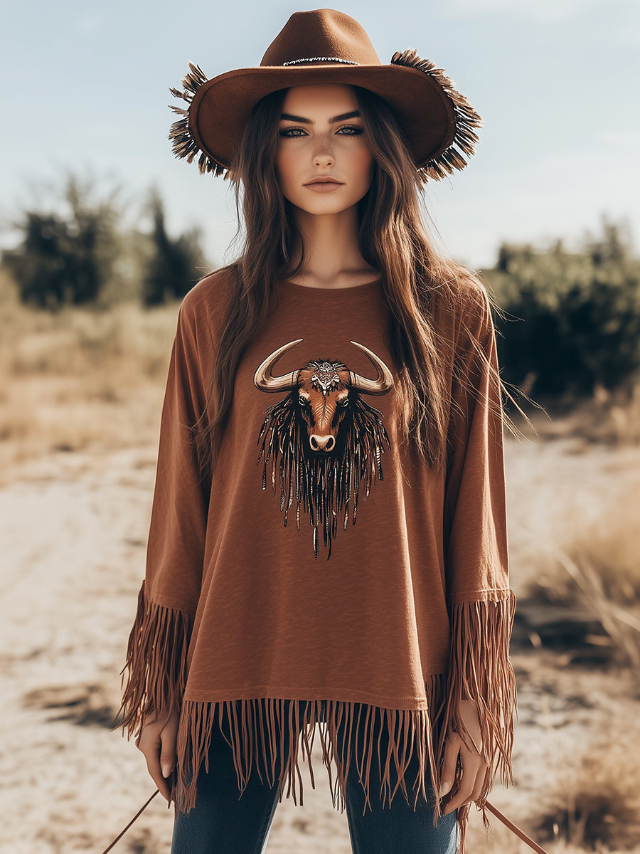Bohemian Western Vintage Bull Head Pattern Brown Tassel Top