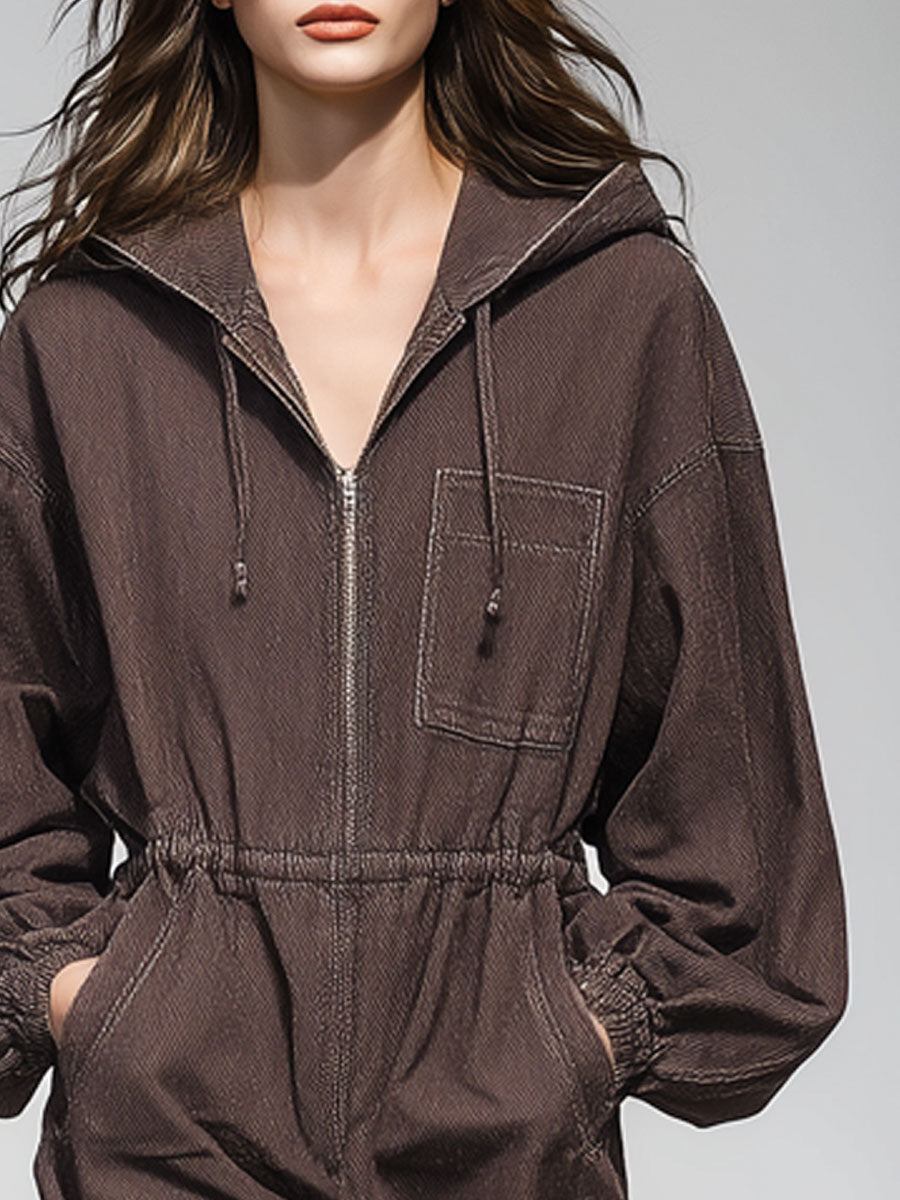 Casual Vintage Cocoa Brown Denim Elastic Waist Pocket Hooded Sports Mini Dress