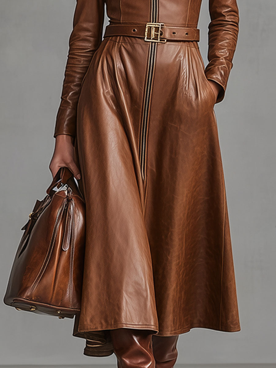 Brown Faux Leather Waist Long Zipper Midi Dress