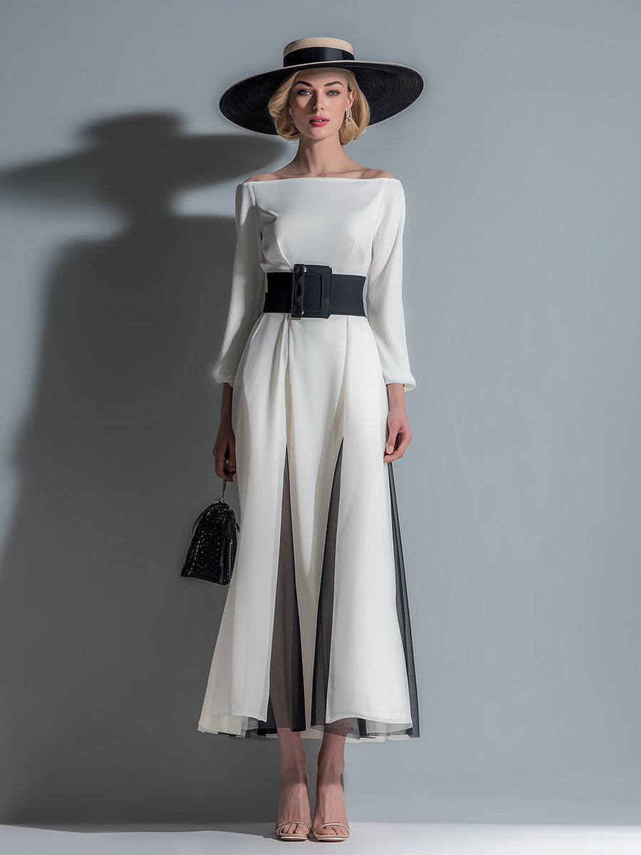 Classic Boat Neck White Chiffon Belted Long Sleeve Maxi Dress