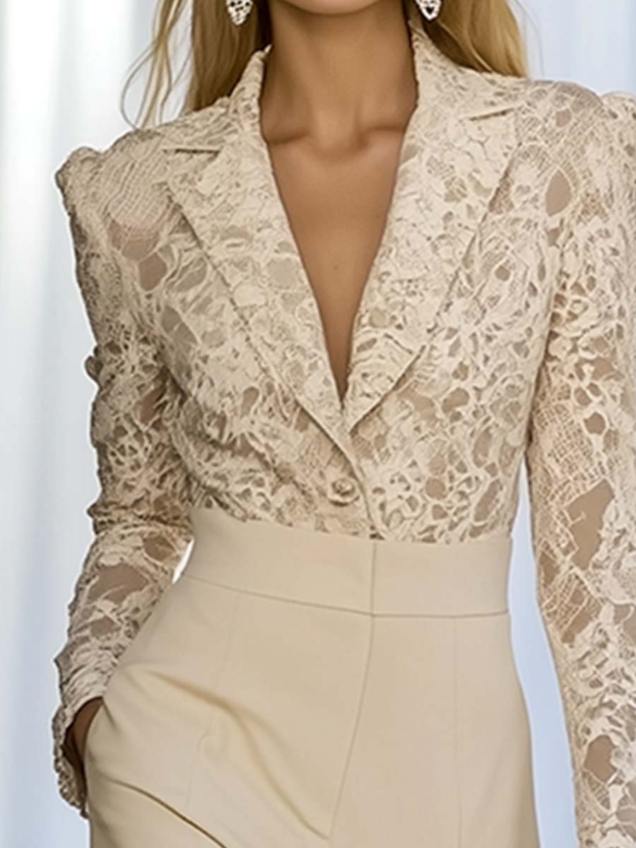 Elegant And Luxurious Ivory Beige Lace Patchwork Cotton Long-sleeved Jumpsuit
