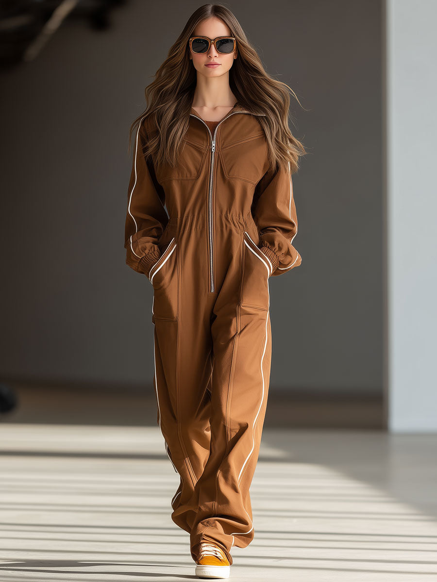 Casual Retro White Trim Caramel Cotton Long-Sleeved Wide-Leg Work Jumpsuit