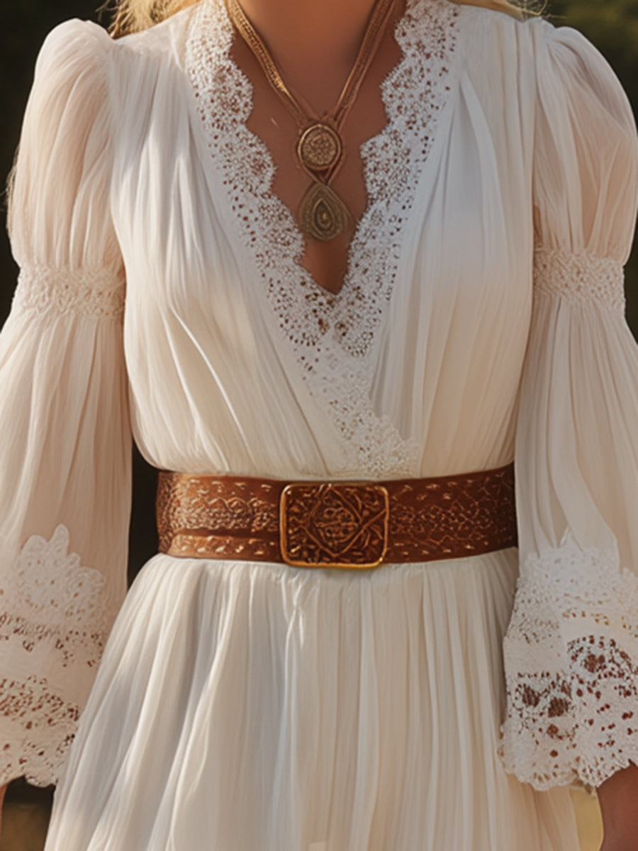 Bohemian White Linen Patchwork Lace Midi Dress