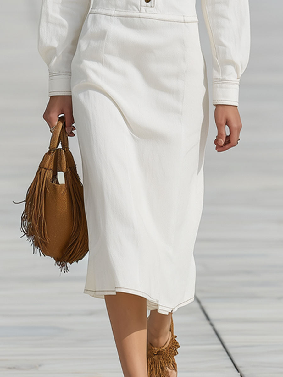 Casual Vintage Paisley Embroidered White Cotton Long-Sleeved Midi Dress