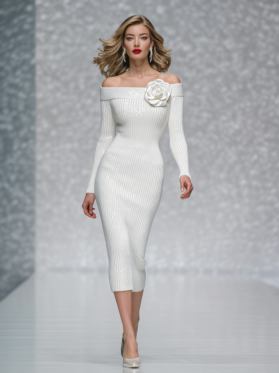 Elegant Shimmering Knitted One-shoulder Three-dimensional Flower Midi Dress