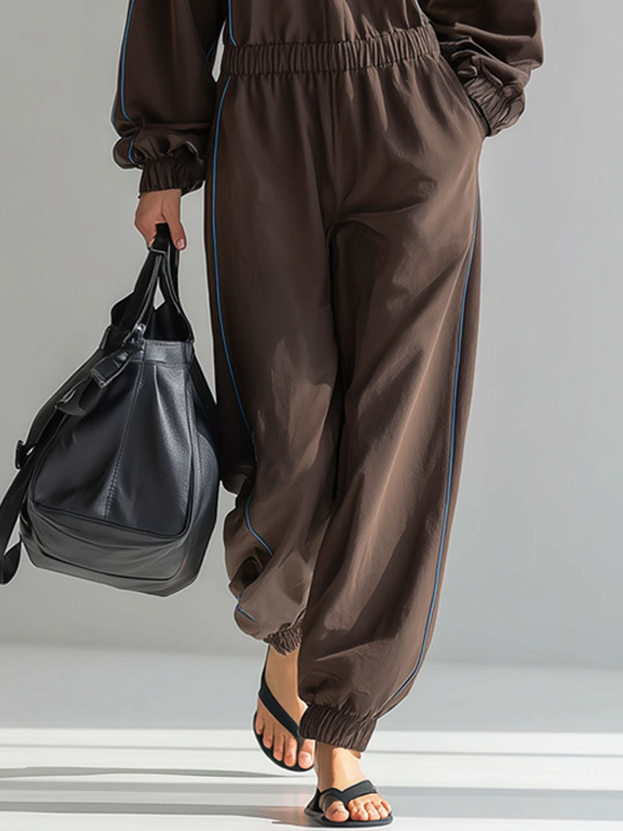 Casual Retro Long Sleeve Hooded Embroidered Blue Trim Cocoa Brown Sports Jumpsuit