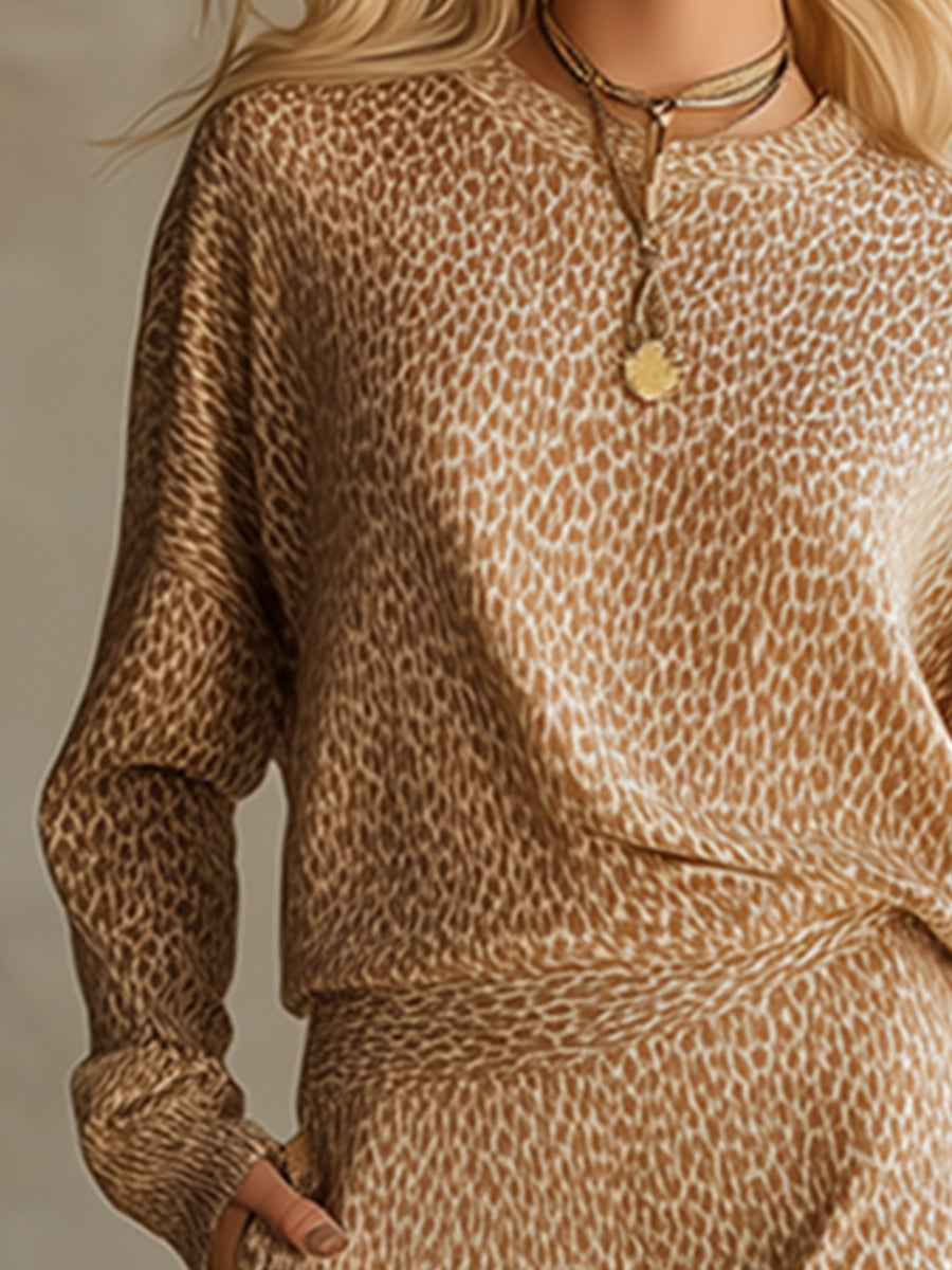Casual Loose Khaki Leopard Print Sweatshirt And Trousers Set