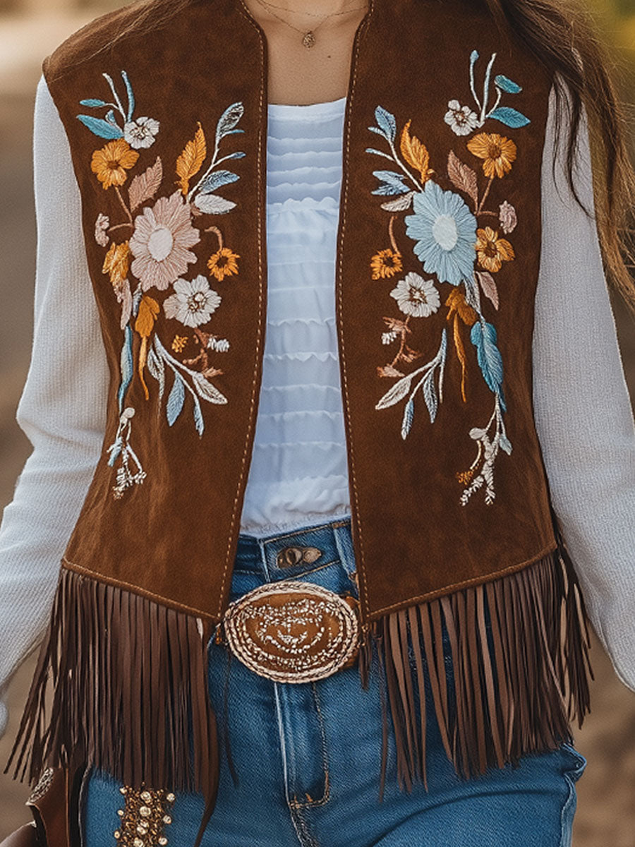 Chaleco retro de gamuza con bordado floral estilo occidental
