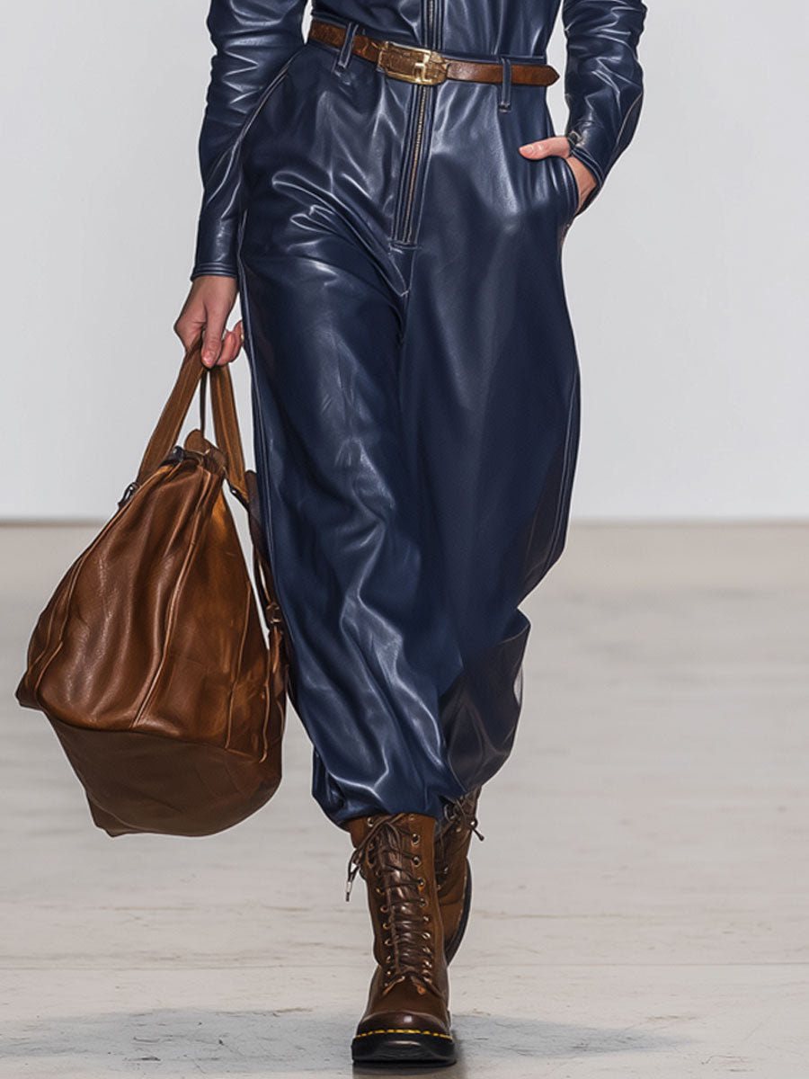 Casual Retro Dark Blue Faux Leather Long-Sleeved Lace-Up Wide-Leg Jumpsuit
