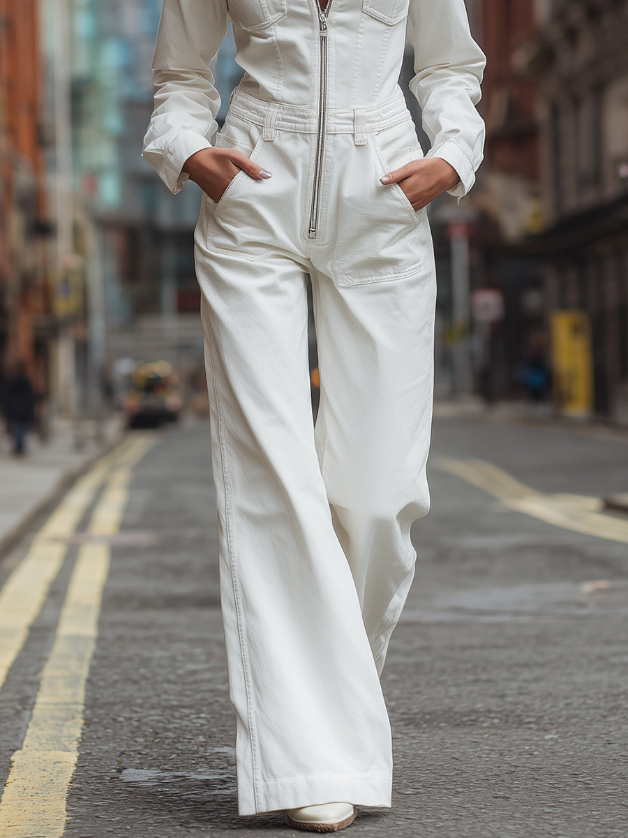 Casual Fashion White Zipper Lapel Long Sleeve Jumpsuit