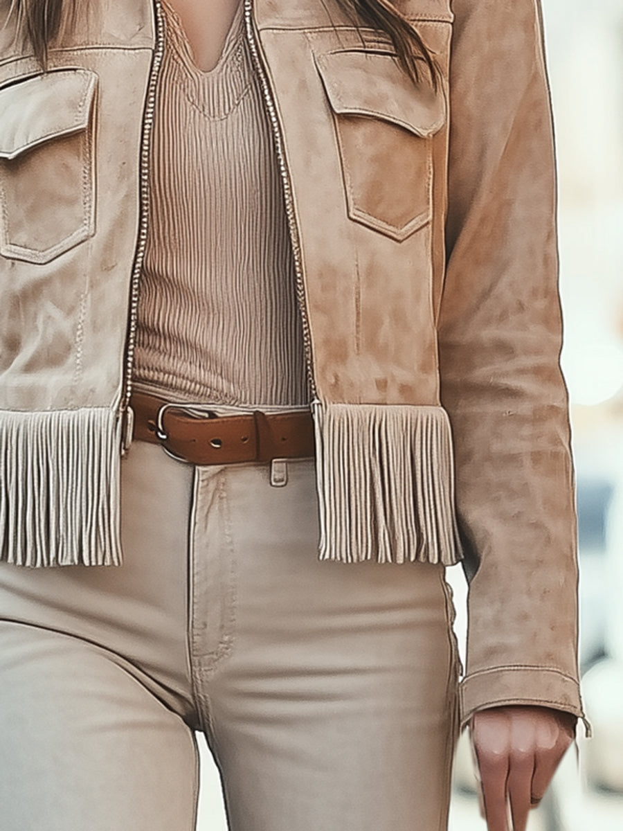 Casual Vintage Western Khaki Fringed Suede Jacket