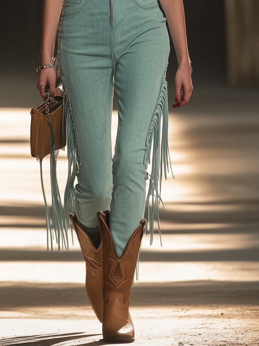 【24-hour shipping out】Vintage Western Front Zipper V-Neck Blue Suede Tassel Jumpsuit