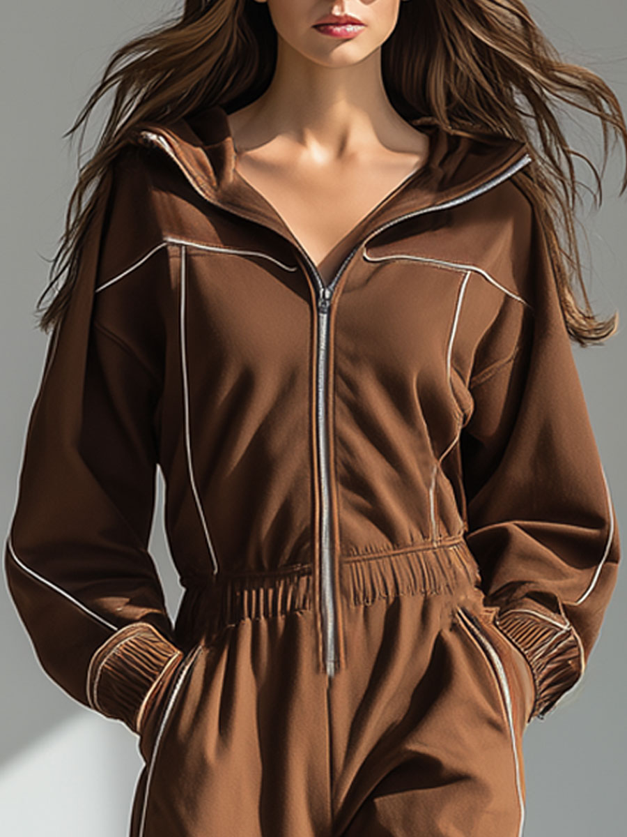 Casual Retro White Trim Cocoa Brown Zipper Long-Sleeved Sports Jumpsuit