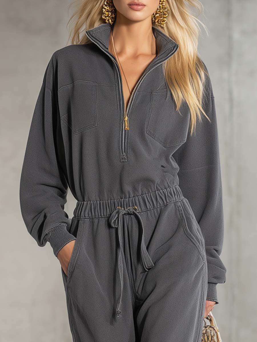Casual Fashion Sports Sense Stand Collar Front Zipper Waist Elastic Loose Gray Jumpsuit