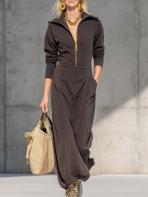 Exquisite Casual Zipper V-neck Brown Sports Cotton Maxi Dress