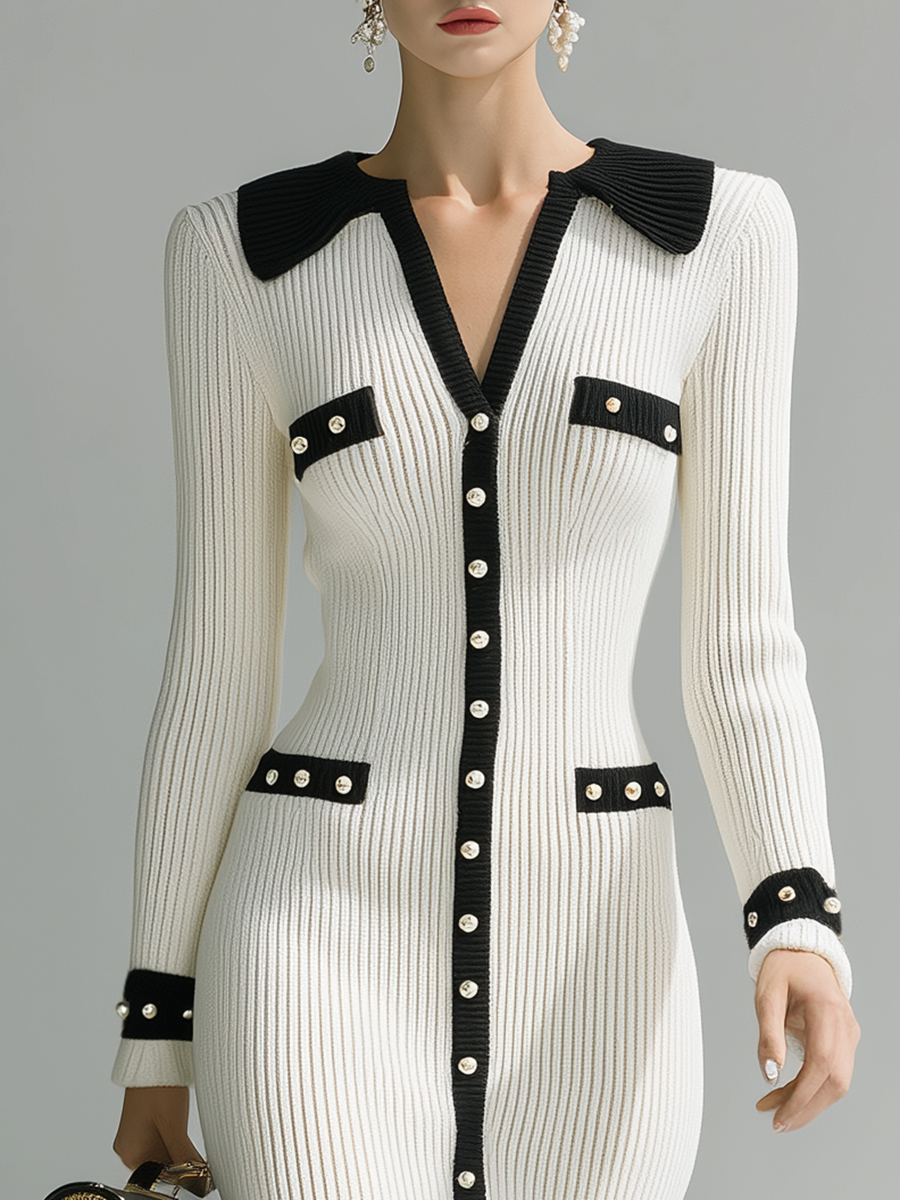 Elegant Contrast-trimmed Pearl-button Knitted Midi Dress