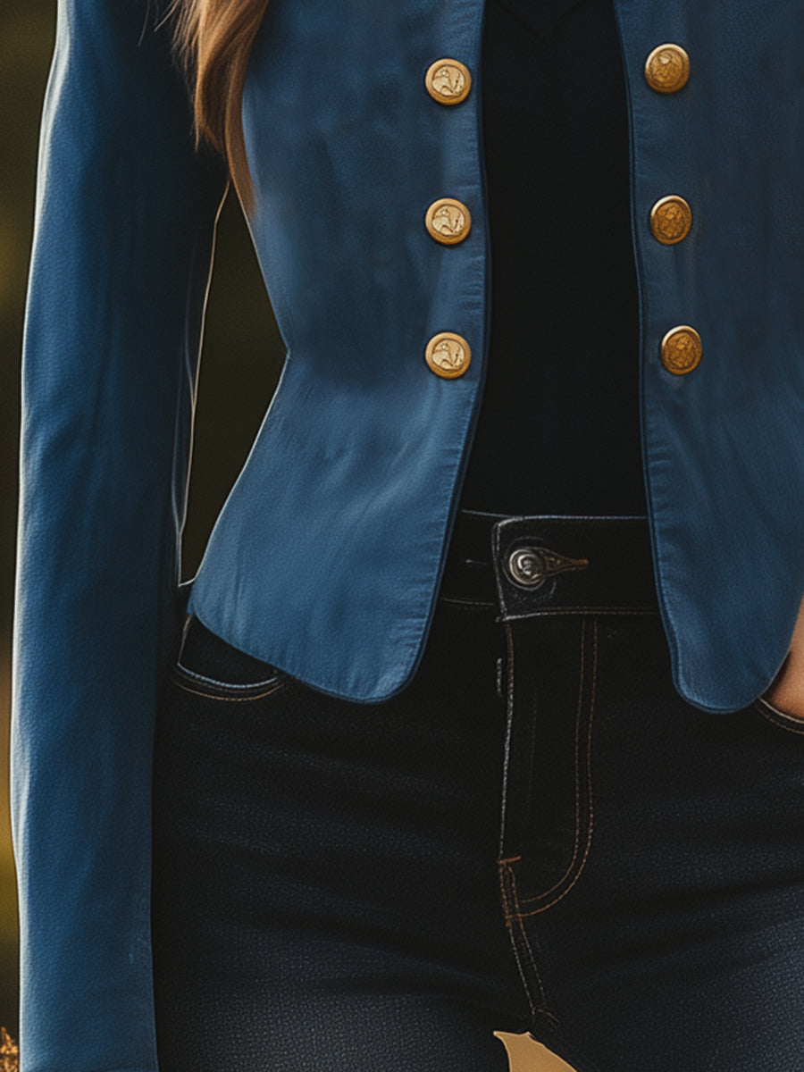 Fashion Blue Suede Button-embellished Bomber Jacket