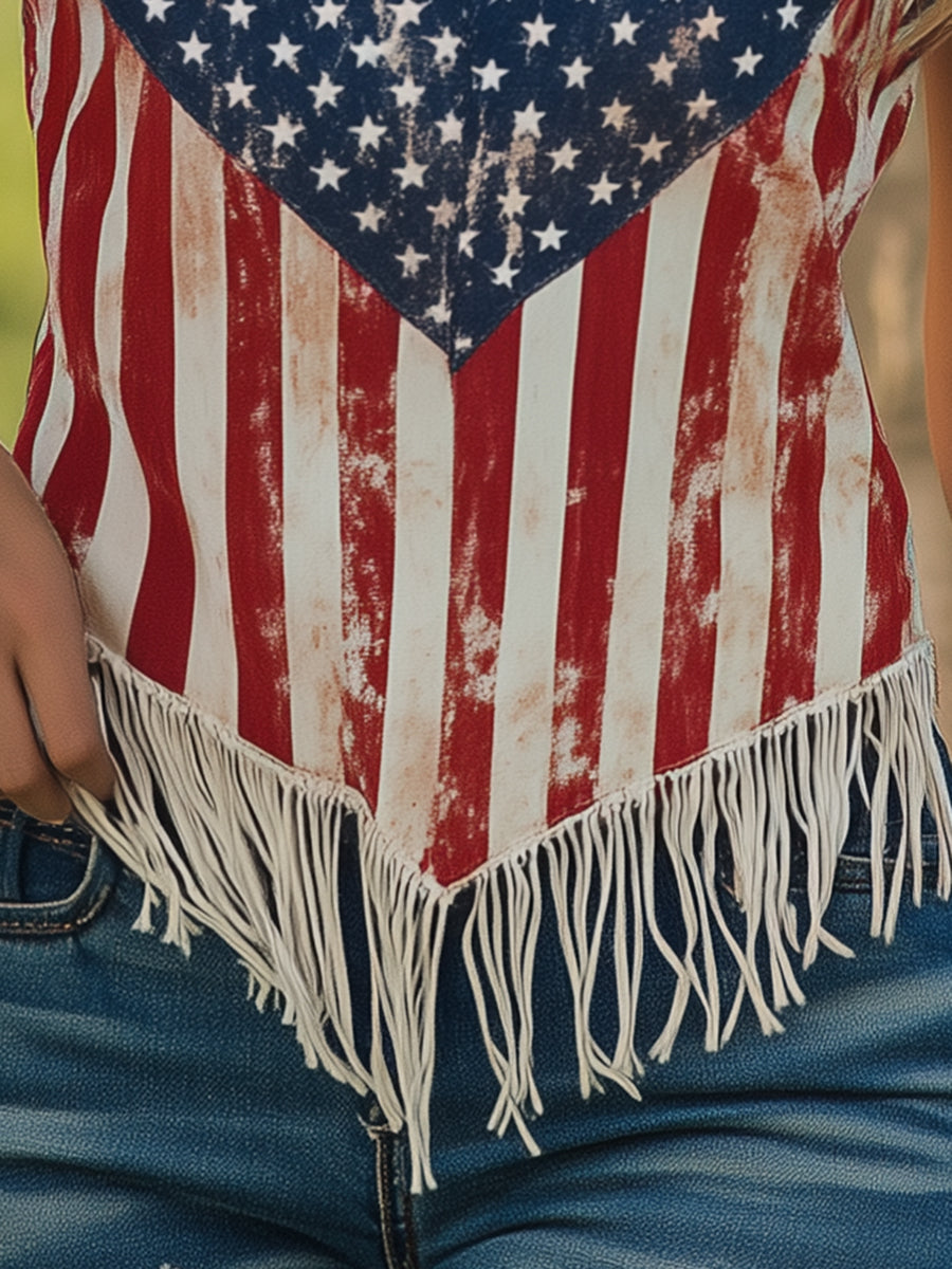 【24-hour shipping out】Vintage Flag Print Spaghetti Strap Fringe Hem Top