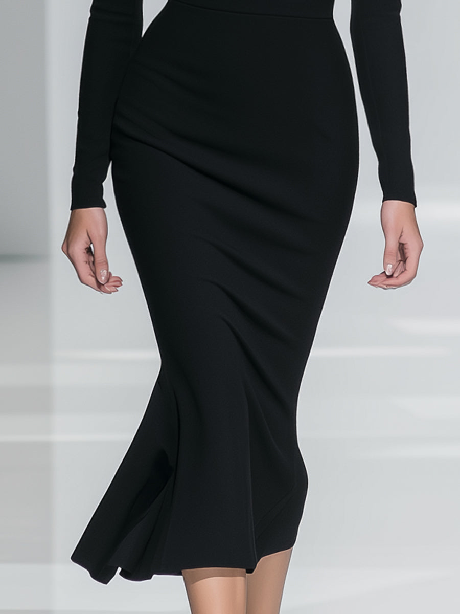 Elegant Classic Lace Shoulder Ruffle Black Fishtail Midi Dress