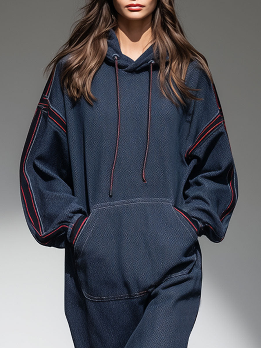 Casual Retro Web-edge Dark Blue Denim Hooded Sweatshirt Sports Midi Dress