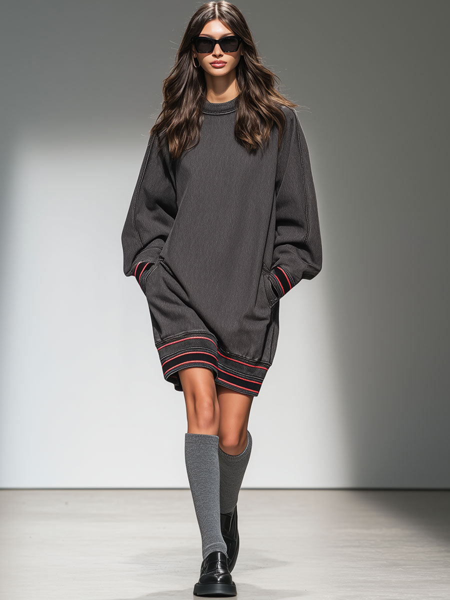 Casual Retro Web-edge Dark Gray Denim Crew Neck Sweatshirt Sports Mini Dress