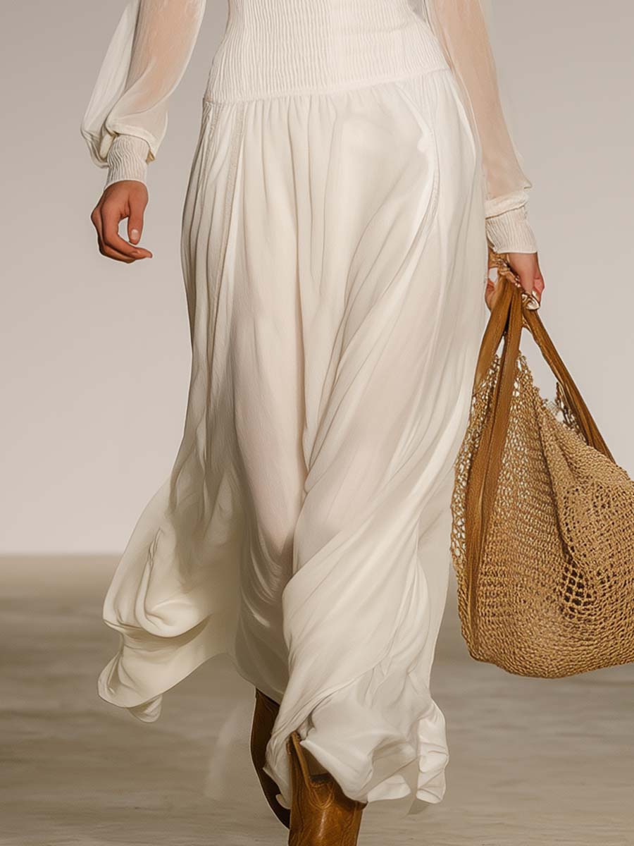 Elegant Retro Exquisite Transparent Long-sleeved Waist Flowing Hem White Chiffon Maxi Dress